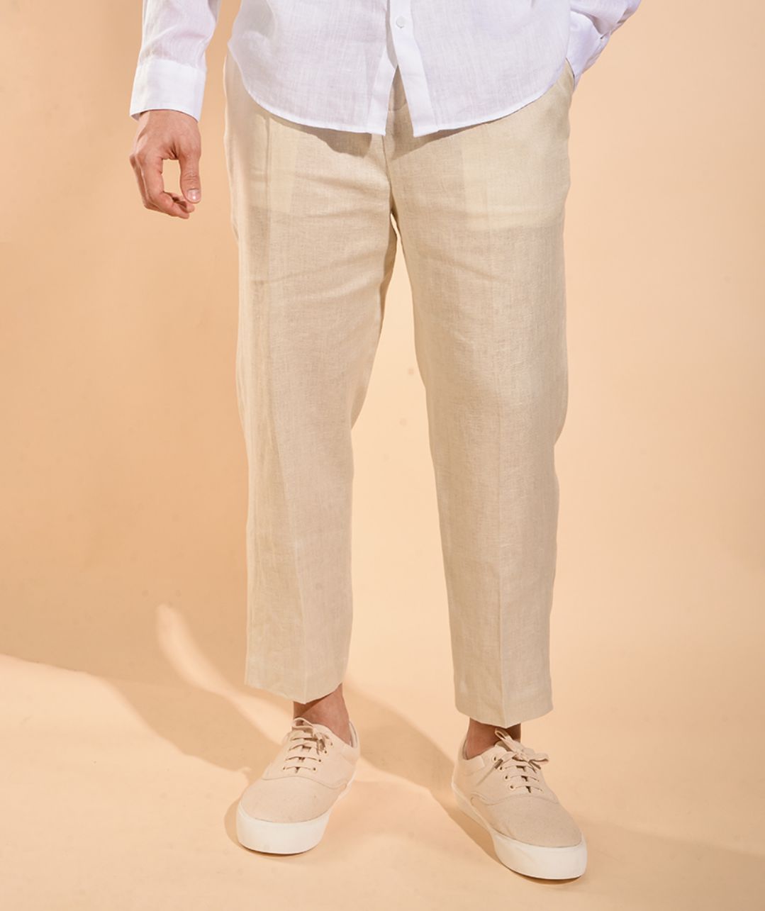 Buy Khaki Drawcod Linen Relaxed Fit Men's Trousers-North Republic