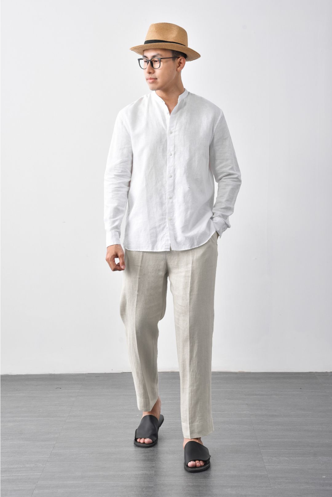 Relaxed fit 100% linen trousers, White - Sisley
